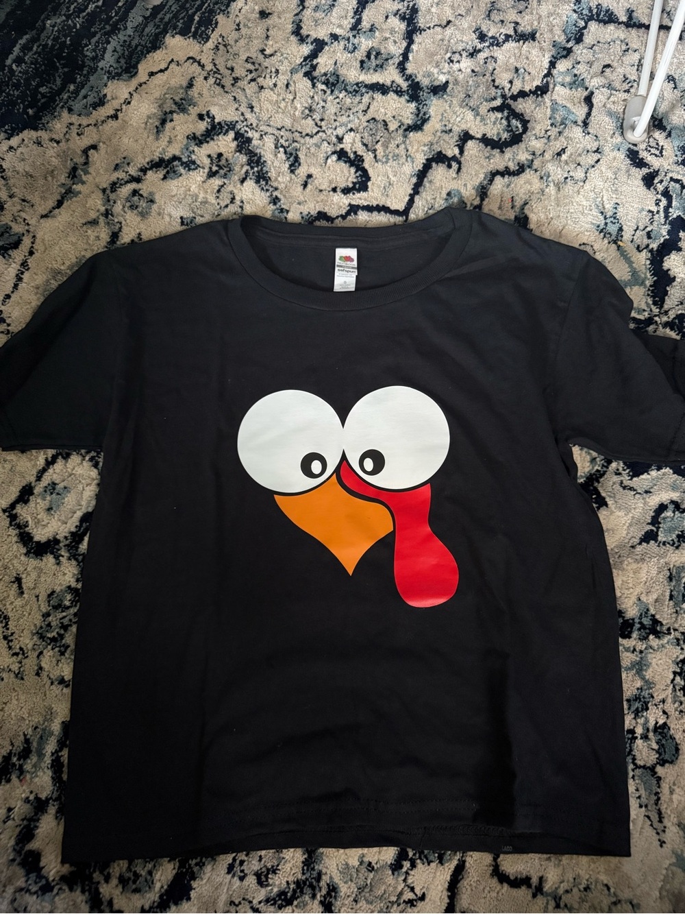 Fruit of the Loom Black Tee with White Eyes, Orange Beak and Red Wattle